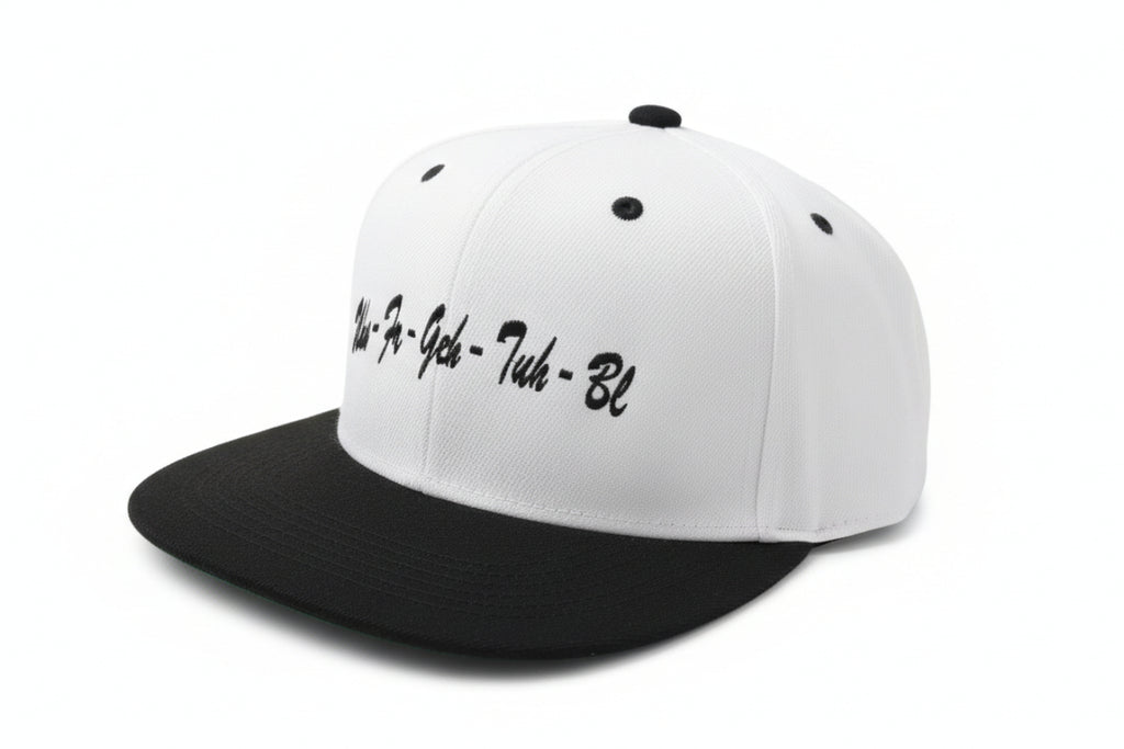 Snapback Hat in Black/White with UHN-FR-GEH-TUH-BL script logo