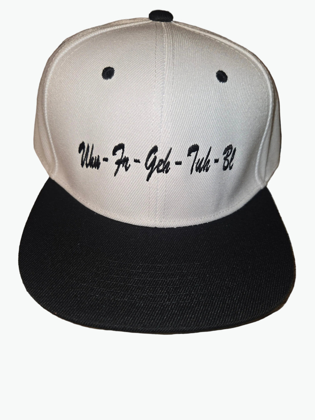 Snapback Hat in Black/White with UHN-FR-GEH-TUH-BL script logo