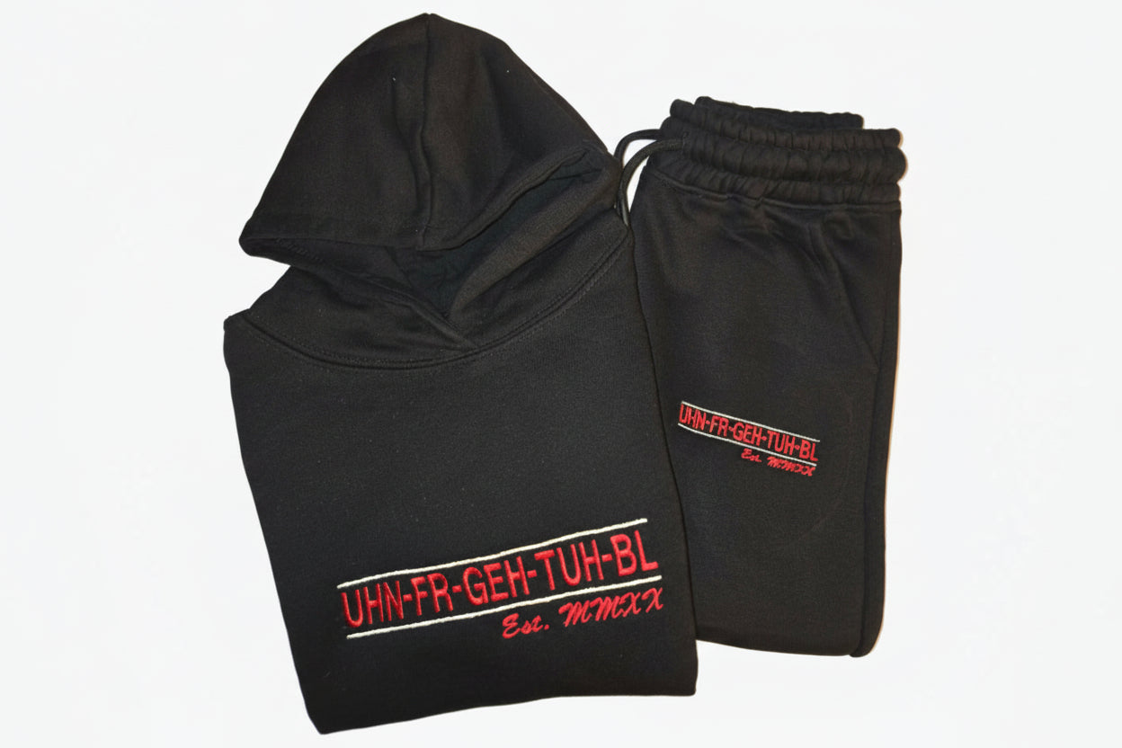 Flare Leg Sweatsuit in Black with UHN-FR-GEH-TUH-BL logo