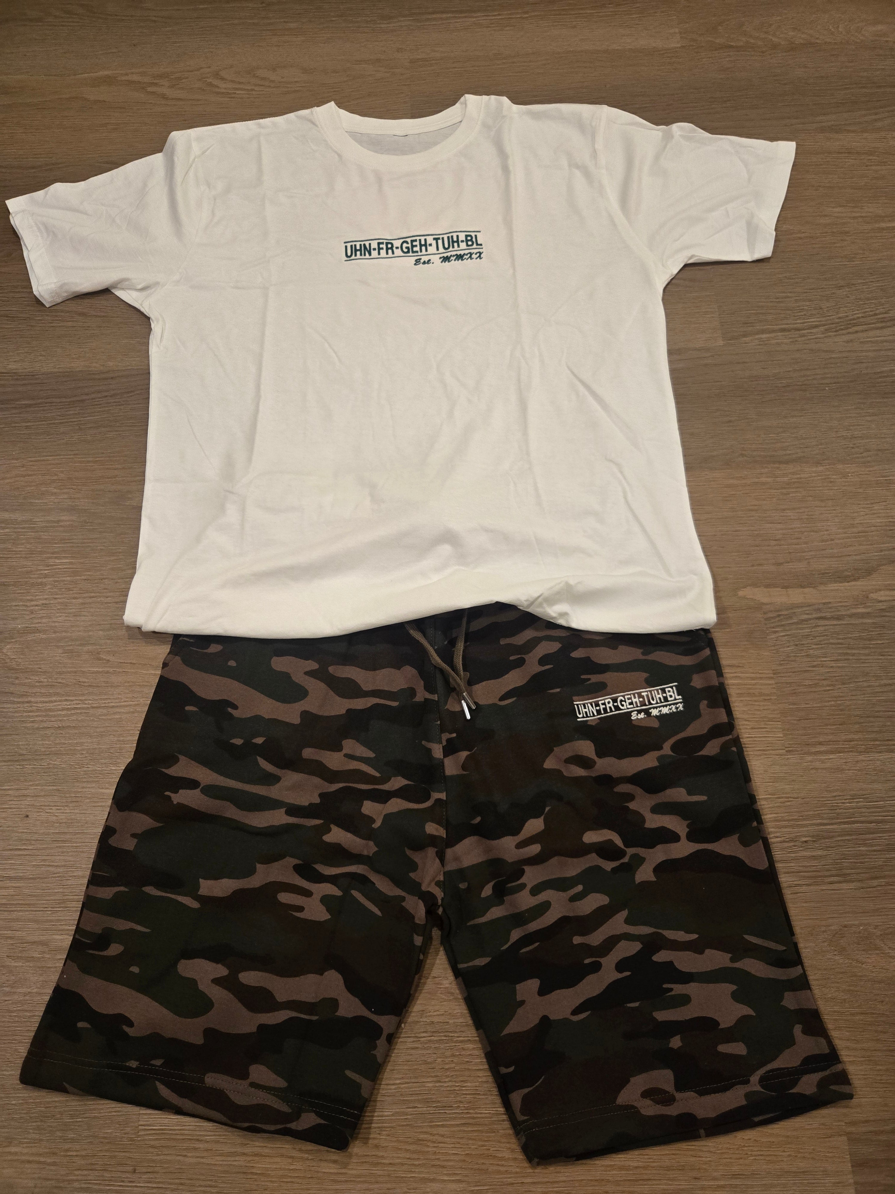 Short Sets in various colors with the UHN-FR-GEH-TUH-BL logo (Camo and White)