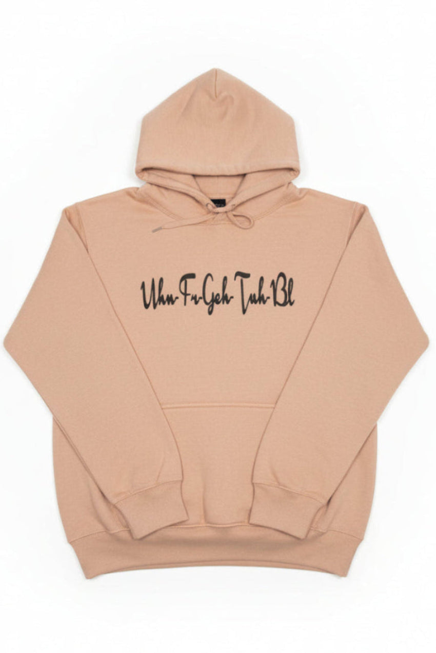 Peach Hoodie with black embroidered UHN-FR-GEH-TUH-BL logo in script.
