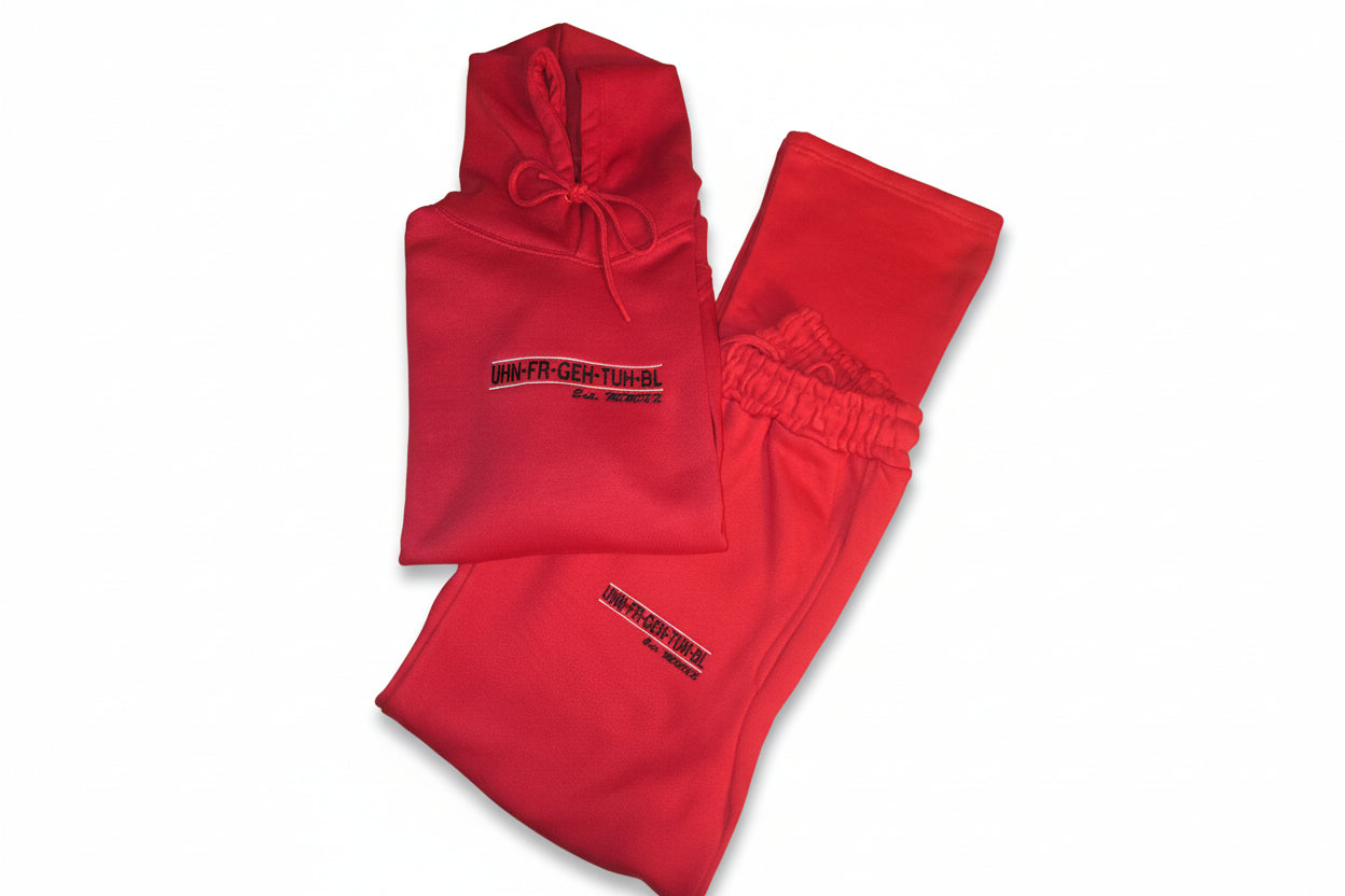 Flare Leg Sweatsuit in Red with UHN-FR-GEH-TUH-BL Logo