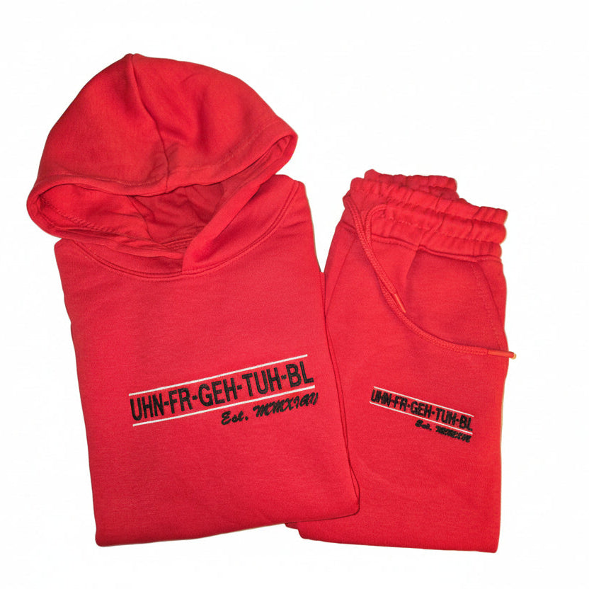 Flare Leg Sweatsuit in Red with UHN-FR-GEH-TUH-BL Logo